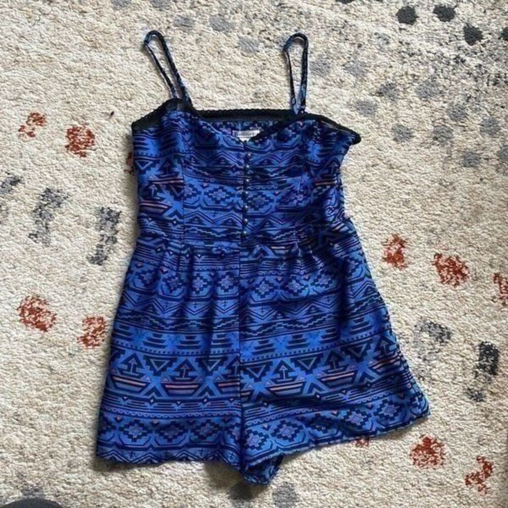 Forever 21 Blue Aztec Tribal Print Lace Trim Romper Size Small